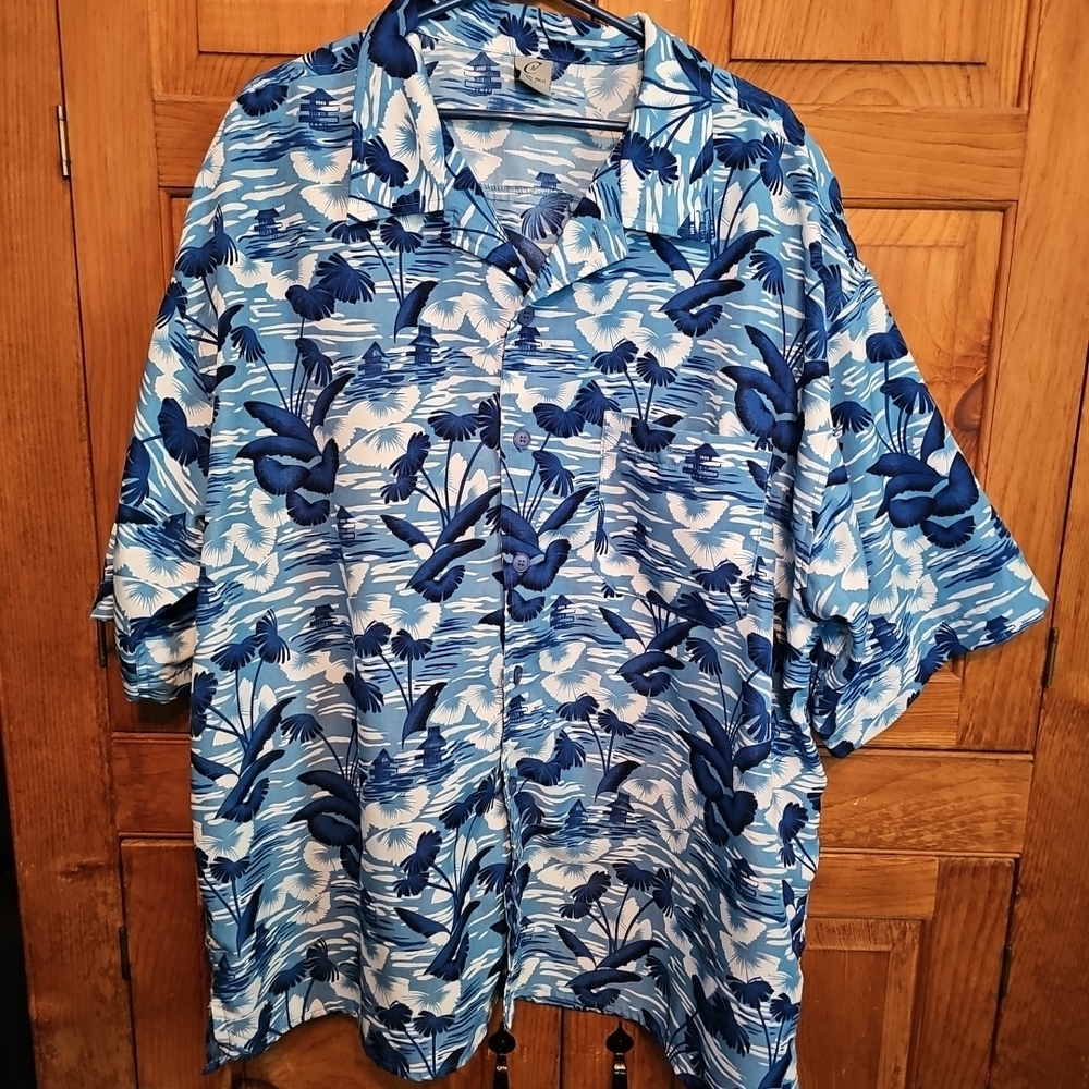 Blue Tropical Print Men's Casual Button Down Shirt